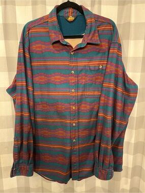 REI Teal Aztec Stripe Button-Down Shirt with Pink and Orange Accents